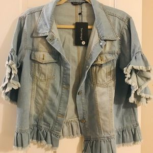 SALE!!! Denim Jacket Button Down Distressed Ruffle Sleeve